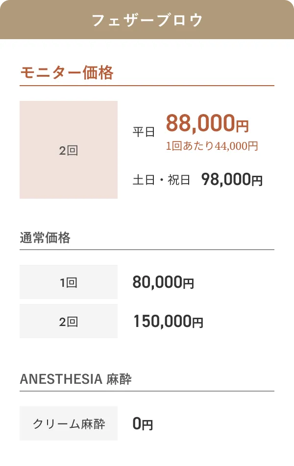 フェザーブロウ料金表：モニター価格・通常価格・麻酔料金