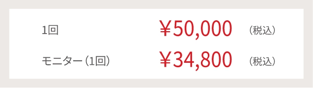 1回¥80,000(税込)2回¥150,000(税込)平日モニター(2回)¥88,800(税込)土日祝モニター(2回)¥98,800(税込)