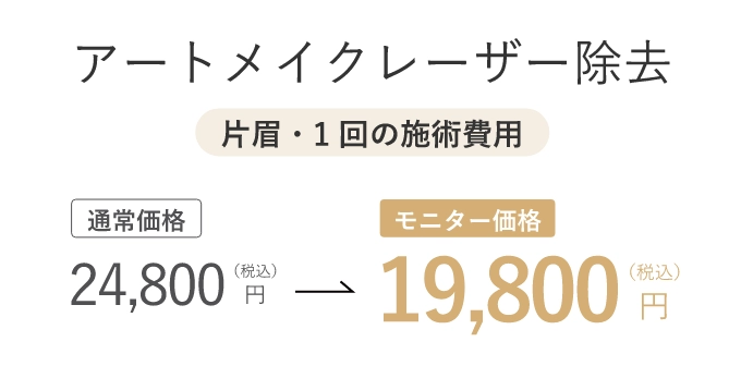 アートメイクレーザー除去片眉・1回の施術費用通常価格24,800円（税込）モニター価格19,800円（税込）