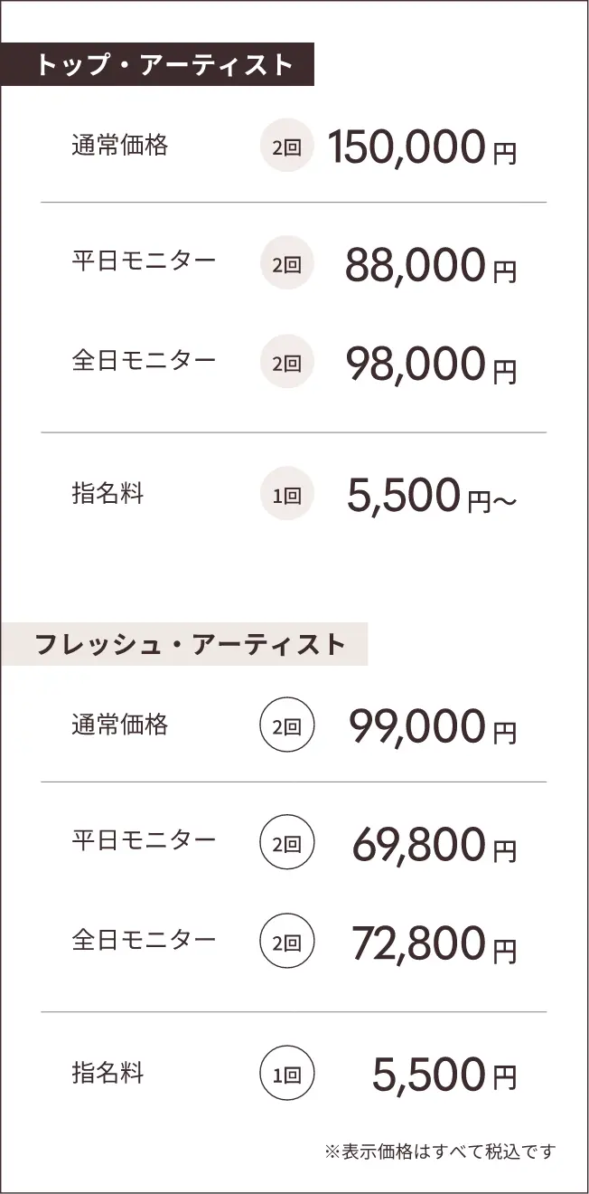 トップ・アーティスト通常価格2回150,000円 平日モニター2回88,000円 全日モニター2回98,000円 指名料1回5,000円~ フレッシュ・アーティスト通常価格2回99,000円 平日モニター2回69,800円 全日モニター2回72,800円 指名料1回5,000円※表示価格はすべて税込です