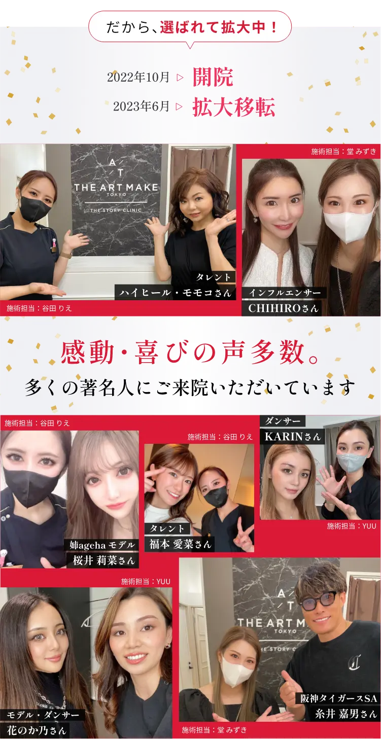 だから、選ばれて拡⼤中!2022年10月開院 2023年6月拡大移転 感動・喜びの声多数。の著名人にご来院いただいています。
