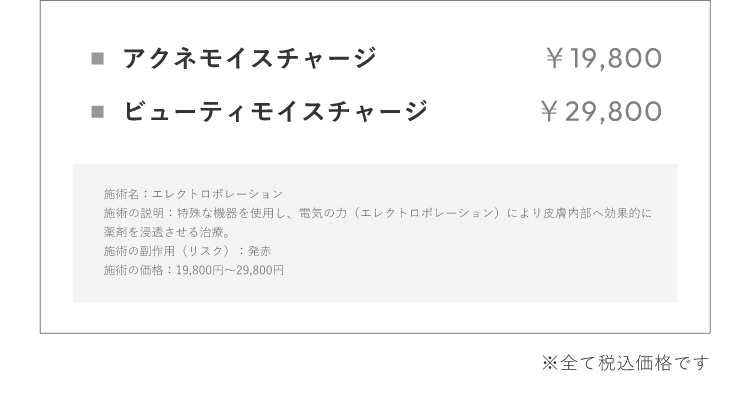 アクネモイスチャージ ￥19,800 ビューティモイスチャージ ￥29,800 施術名：エレクトロポレーション施術の説明：特殊な機器を使⽤し、電気の⼒（エレクトロポレーション）により⽪膚内部へ効果的に薬剤を浸透させる治療。施術の副作⽤（リスク）：発⾚施術の価格：19,800円〜29,800円 ※全て税込価格です