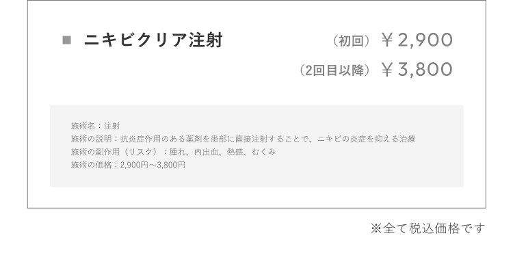 ニキビクリア注射（初回）￥2,900（2回⽬以降）￥3,800施術名：注射施術の説明：抗炎症作⽤のある薬剤を患部に直接注射することで、ニキビの炎症を抑える治療施術の副作⽤（リスク）：腫れ、内出⾎、熱感、むくみ施術の価格：2,900円〜3,800円※全て税込価格です