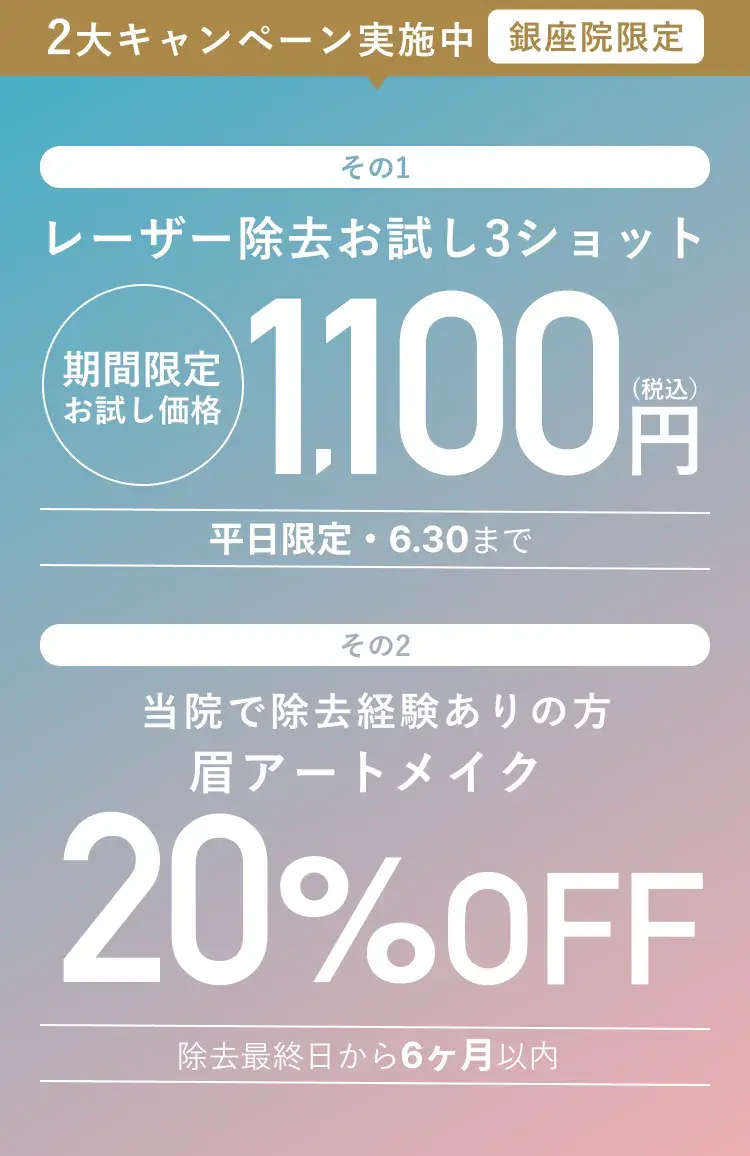 2大キャンペーン実施中 その1 レーザー除去お試し3ショット 期間限定お試し価格1,100(税込)円 平日限定・6.30まで その2 当院で除去経験ありの方 眉アートメイク20%OFF 除去最終日から6ヶ月以内