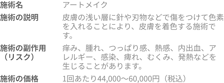 施術名：アートメイク 施術の説明：皮膚の浅い層に針や刃物などで傷をつけて色素を入れることにより皮膚を着色する施術です 施術の価格：1回あたり44,000〜60,000円（税込）