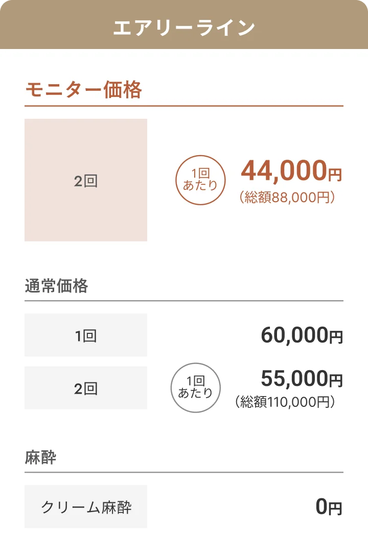 エアリーライン モニター価格2回1回あたり44,000円 通常価格1回60,000円
