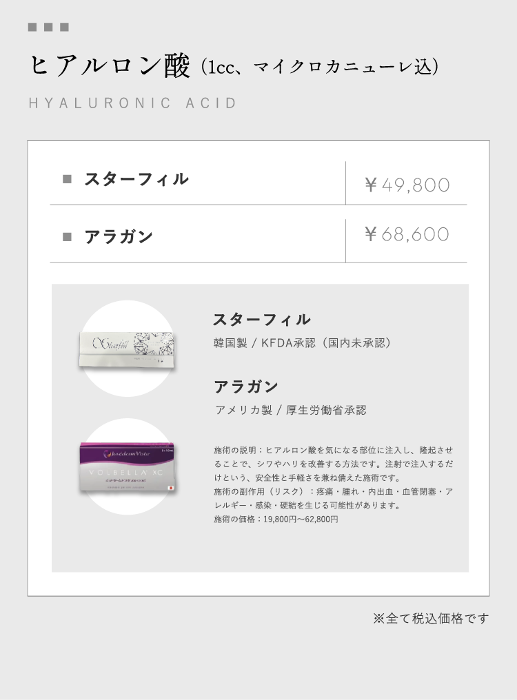 ヒアルロン酸（1cc、マイクロカニューレ込）HYALURONIC ACID スターフィル￥49,800 アラガン￥68,600 スターフィル 韓国製 / KFDA承認（国内未承認）アラガン アメリカ製 / 厚生労働省承認 施術の説明：ヒアルロン酸を気になる部位に注入し、隆起させることで、シワやハリを改善する方法です。注射で注入するだけという、安全性と手軽さを兼ね備えた施術です。施術の副作用（リスク）：疼痛・腫れ・内出血・血管閉塞・アレルギー・感染・硬結を生じる可能性があります。施術の価格：19,800円～62,800円※全て税込価格です