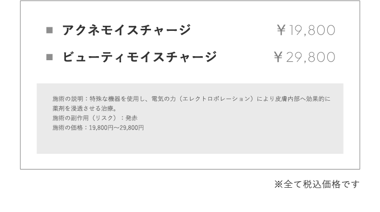 アクネモイスチャージ ￥19,800 ビューティモイスチャージ ￥29,800 施術の説明：特殊な機器を使⽤し、電気の⼒（エレクトロポレーション）により⽪膚内部へ効果的に薬剤を浸透させる治療。施術の副作⽤（リスク）：発⾚施術の価格：19,800円〜29,800円 ※全て税込価格です