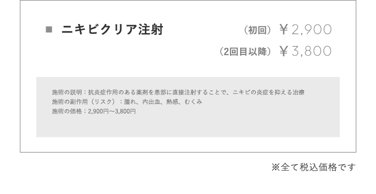 ニキビクリア注射（初回）￥2,900（2回⽬以降）￥3,800 施術の説明：抗炎症作⽤のある薬剤を患部に直接注射することで、ニキビの炎症を抑える治療施術の副作⽤（リスク）：腫れ、内出⾎、熱感、むくみ施術の価格：2,900円〜3,800円※全て税込価格です
