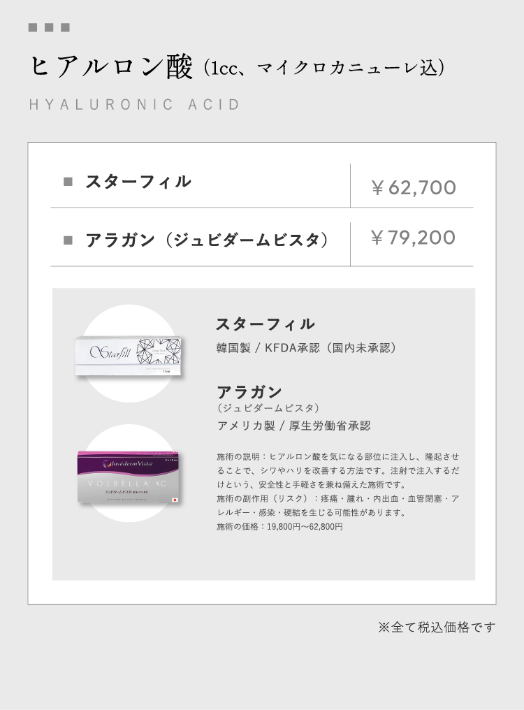 ヒアルロン酸(1cc、マイクロカニューレ込)HYALURONIC ACID スターフィル ¥62,700 アラガン(ジュビダームビスタ)¥79,200 スターフィル 韓国製 / KFDA承認(国内未承認)アラガン(ジュビダームビスタ) アメリカ製 / 厚生労働省承認 施術の説明:ヒアルロン酸を気になる部位に注入し、隆起させることで、シワやハリを改善する方法です。注射で注入するだけという、安全性と手軽さを兼ね備えた施術です。施術の副作用(リスク):疼痛・腫れ・内出血・血管閉塞・アレルギー・感染・硬結を生じる可能性があります。施術の価格:19,800円~62,800円※全て税込価格です